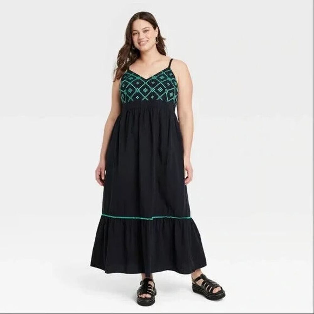 Ava & Viv Maxi Dress - Sundress Black with Green Embroidery- Size 14W - NE
